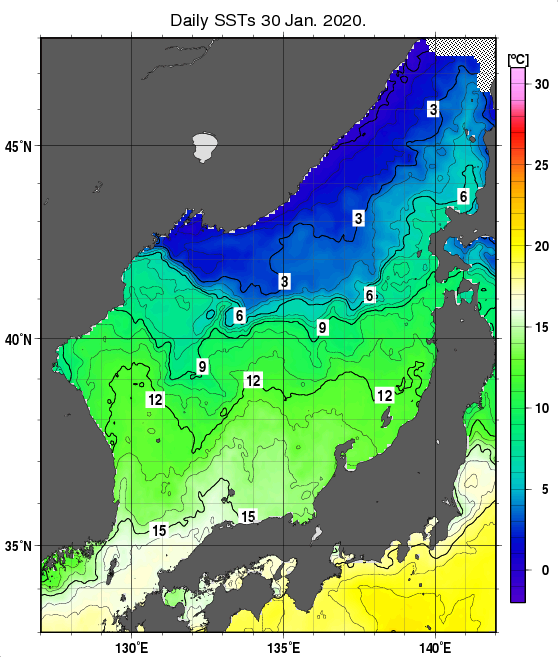 日本海の海面水温分布図（1月30日）