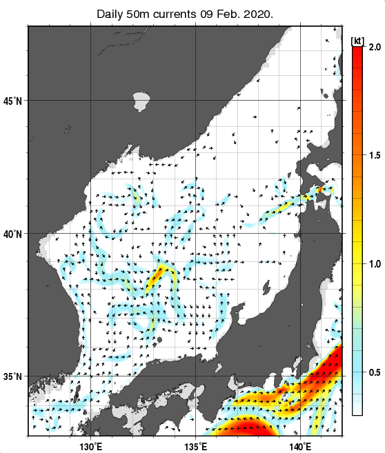 日本海の深さ50mの海流分布図（2月9日）