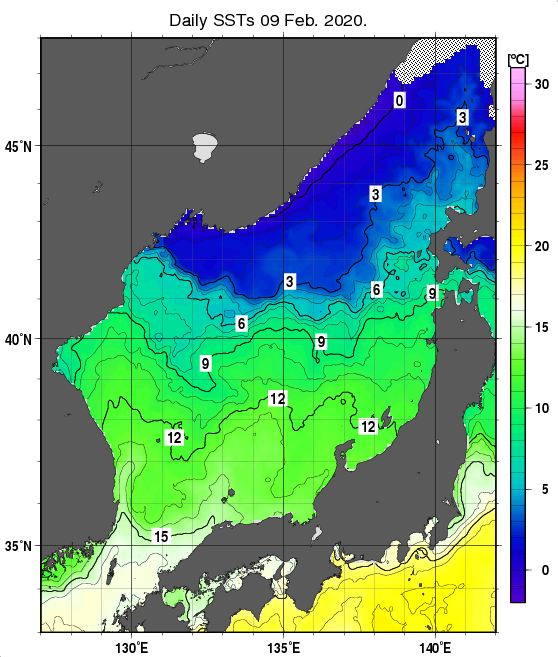 日本海の海面水温分布図（2月9日）