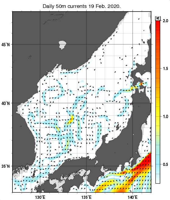 日本海の深さ50mの海流分布図（2月19日）