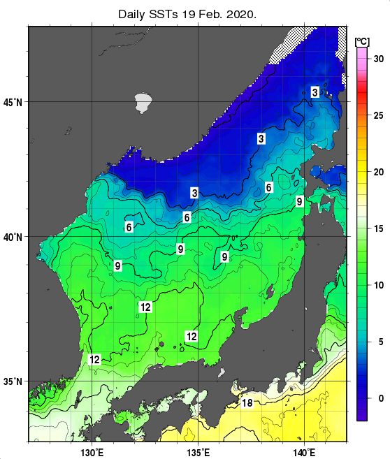 日本海の海面水温分布図（2月19日）