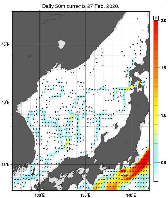 日本海の深さ50mの海流分布図（2月27日）