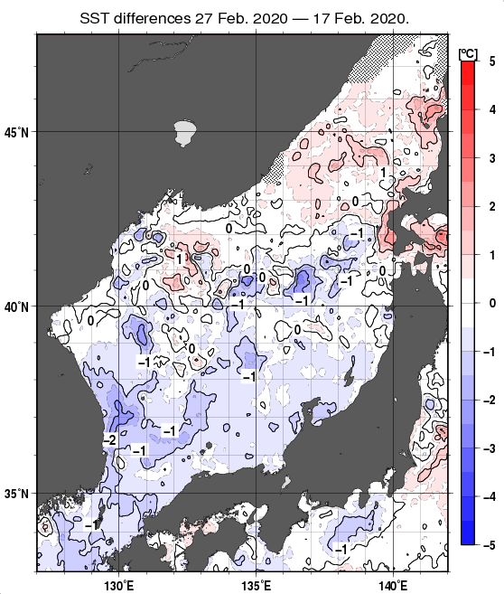 日本海の10日間の海面水温変化量分布図（2月27日）