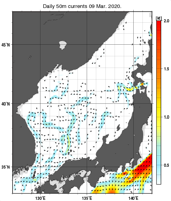 日本海の深さ50mの海流分布図（3月9日）