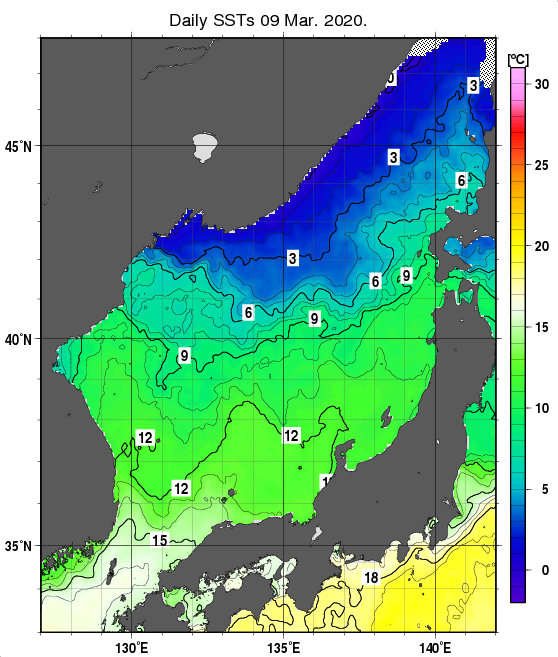 日本海の海面水温分布図（3月9日）