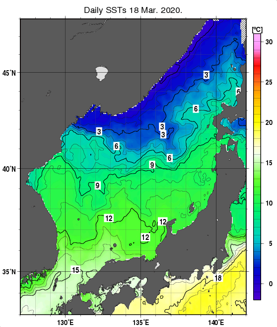 日本海の海面水温分布図（3月18日）