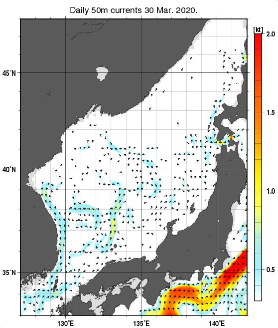 日本海の深さ50mの海流分布図（3月30日）