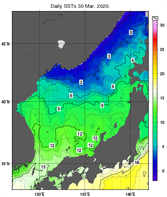 日本海の海面水温分布図（3月30日）