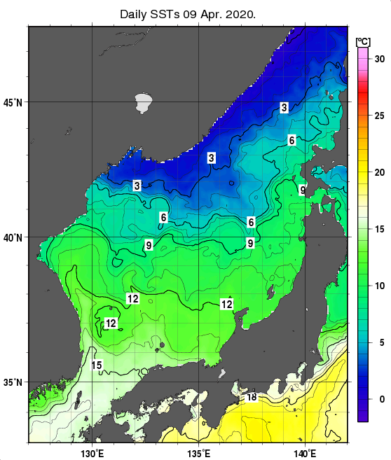 日本海の海面水温分布図（4月9日）