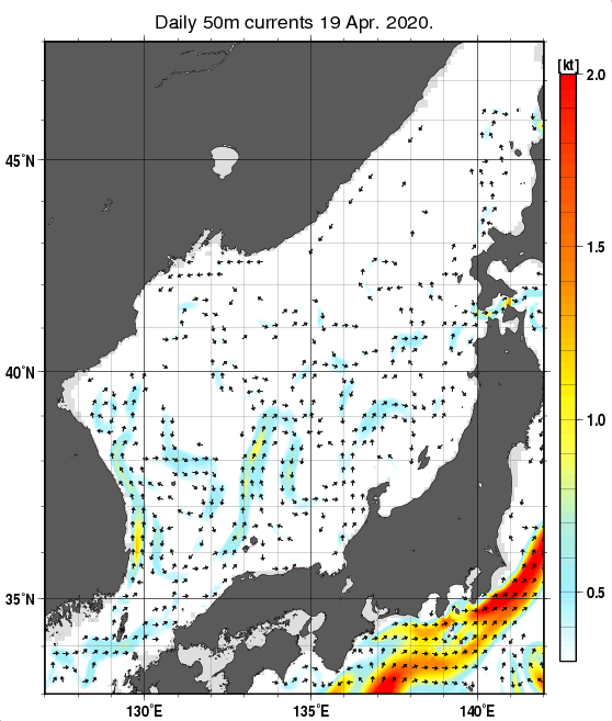 日本海の深さ50mの海流分布図（4月19日）