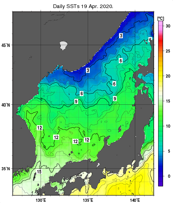 日本海の海面水温分布図（4月19日）