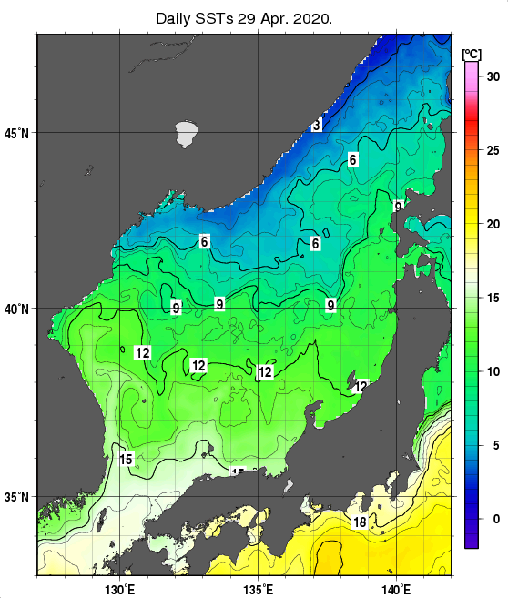 日本海の海面水温分布図（4月29日）