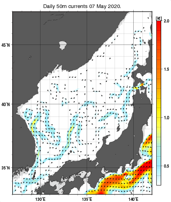 日本海の深さ50mの海流分布図（5月7日）