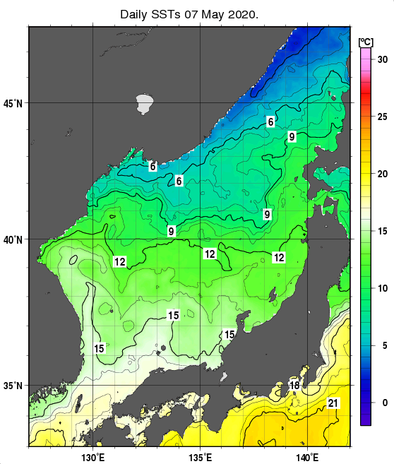 日本海の海面水温分布図（5月7日）