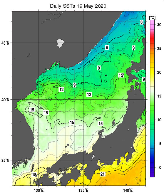 日本海の海面水温分布図（5月19日）