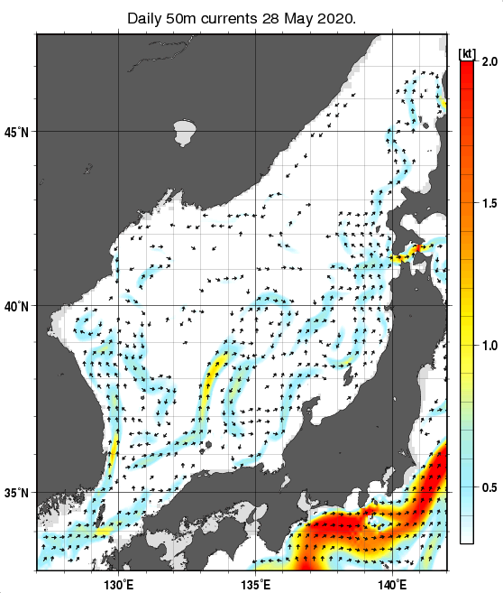 日本海の深さ50mの海流分布図（5月28日）