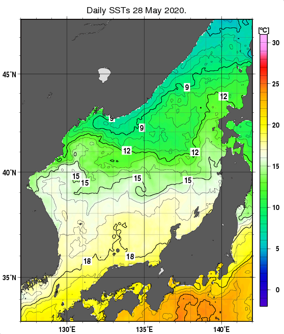 日本海の海面水温分布図（5月28日）