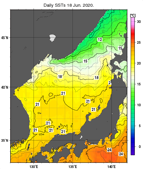 日本海の海面水温分布図（6月18日）