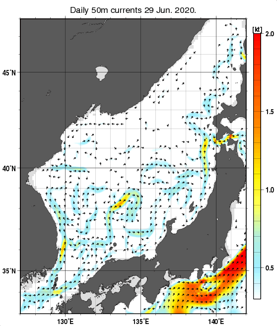 日本海の深さ50mの海流分布図（6月29日）