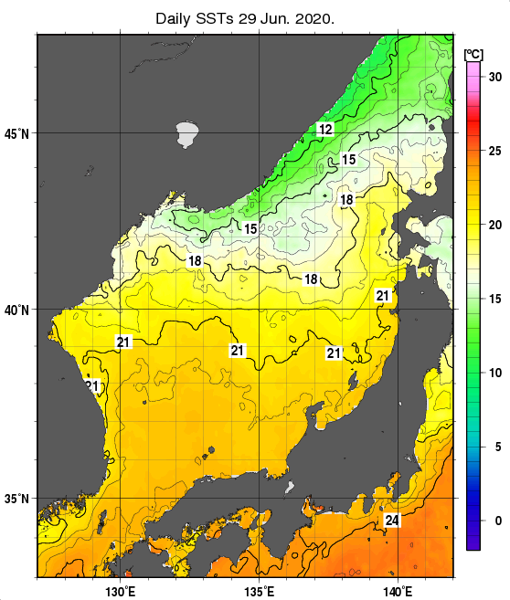 日本海の海面水温分布図（6月29日）