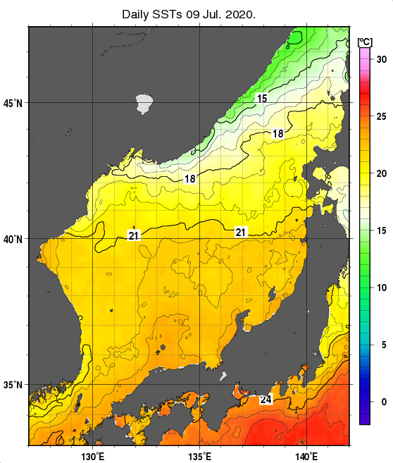 日本海の海面水温分布図（7月9日）