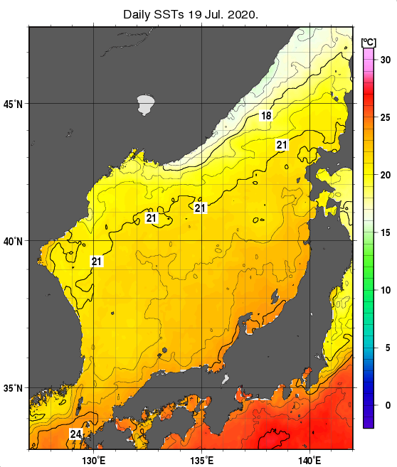 日本海の海面水温分布図（7月19日）