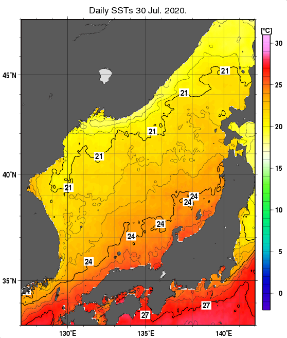 日本海の海面水温分布図（7月30日）