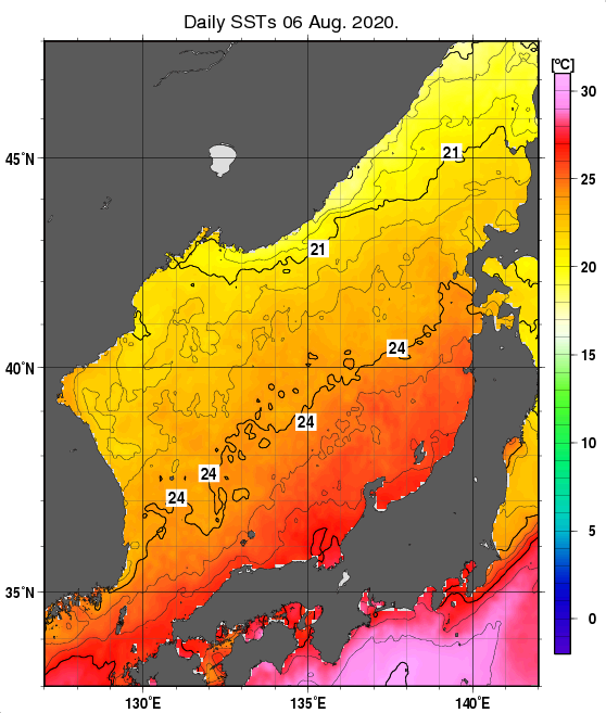 日本海の海面水温分布図（8月6日）