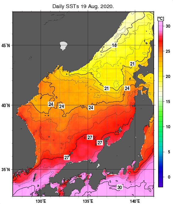 日本海の海面水温分布図（8月19日）