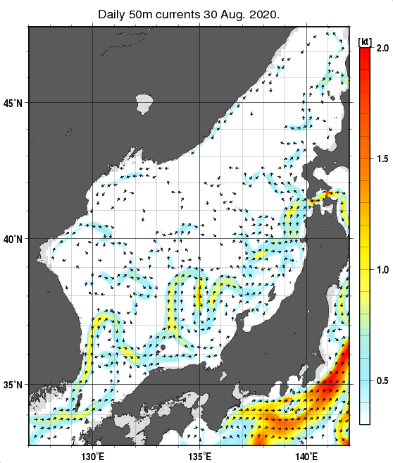 日本海の深さ50mの海流分布図（8月30日）