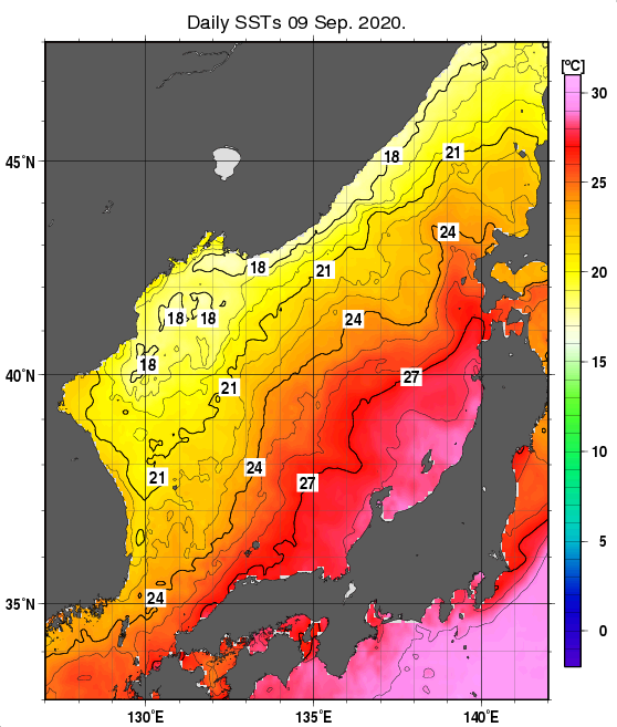 日本海の海面水温分布図（9月9日）