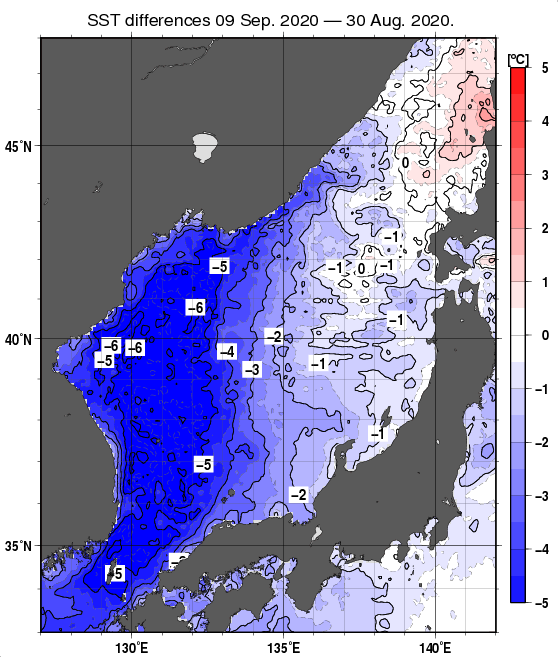 日本海の10日間の海面水温変化量分布図（9月9日）