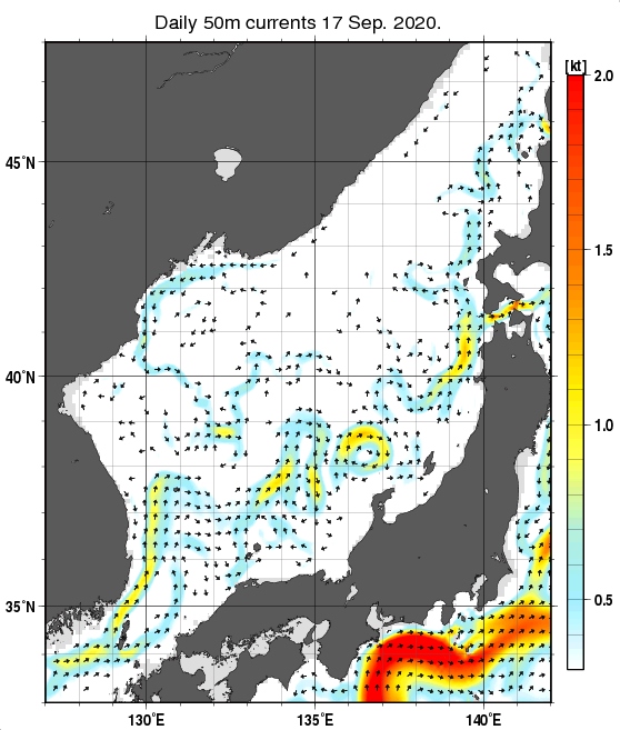 日本海の深さ50mの海流分布図（9月17日）