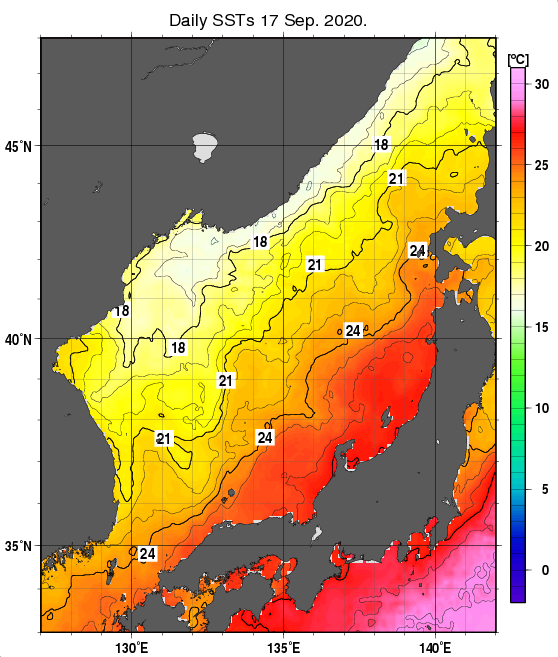 日本海の海面水温分布図（9月17日）