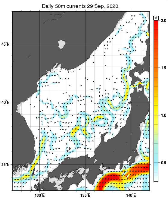 日本海の深さ50mの海流分布図（9月29日）