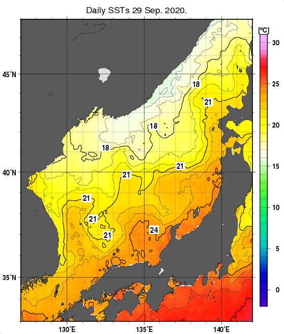 日本海の海面水温分布図（9月29日）