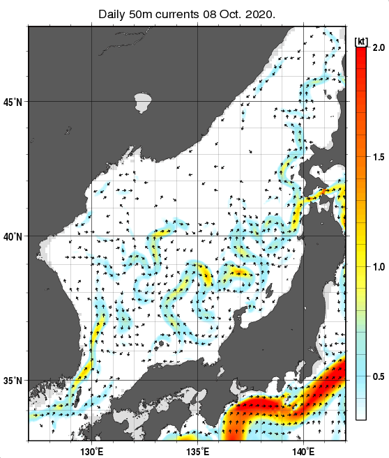 日本海の深さ50mの海流分布図（10月8日）