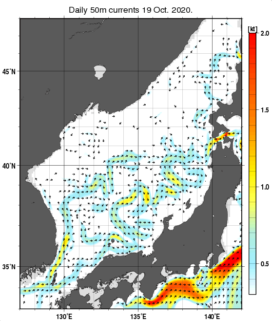 日本海の深さ50mの海流分布図（10月19日）