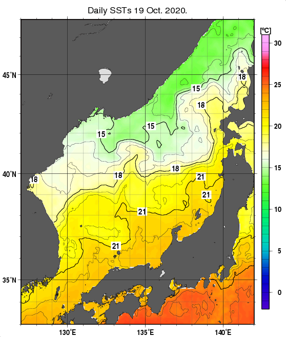 日本海の海面水温分布図（10月19日）