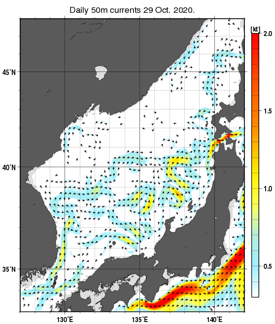 日本海の深さ50mの海流分布図（10月29日）