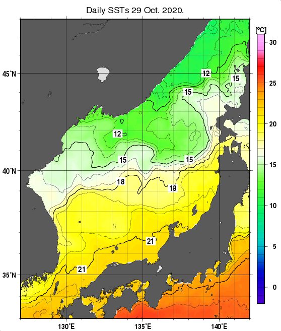 日本海の海面水温分布図（10月29日）