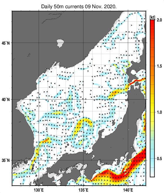 日本海の深さ50mの海流分布図（11月9日）