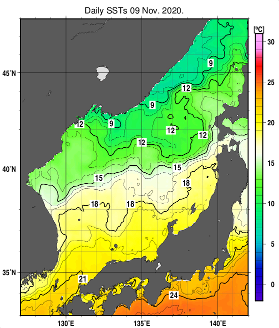 日本海の海面水温分布図（11月9日）