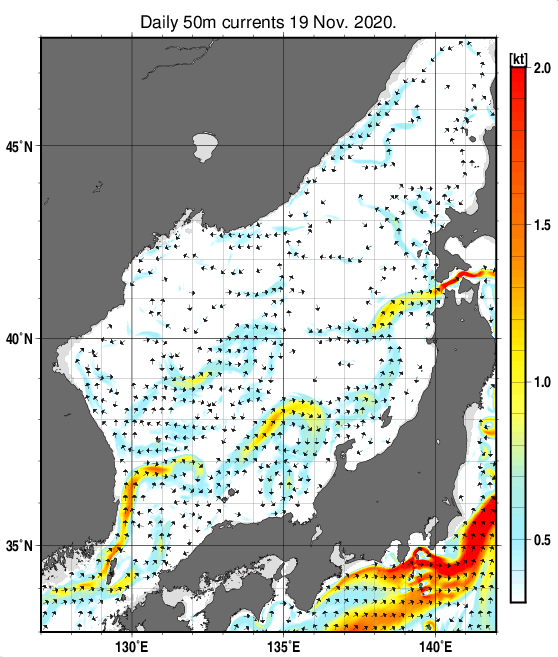 日本海の深さ50mの海流分布図（11月19日）