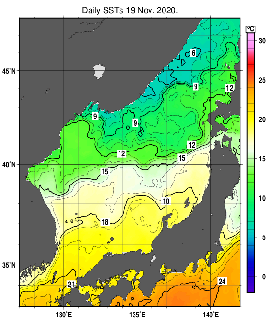 日本海の海面水温分布図（11月19日）