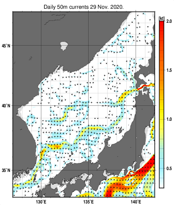 日本海の深さ50mの海流分布図（11月29日）