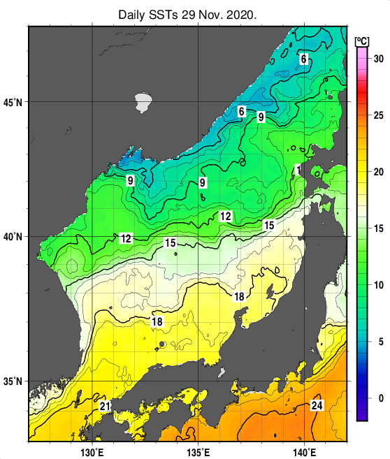 日本海の海面水温分布図（11月29日）