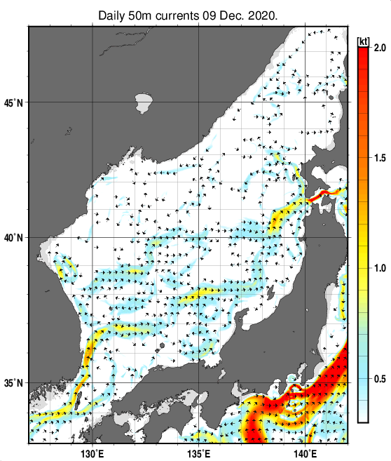 日本海の深さ50mの海流分布図（12月9日）