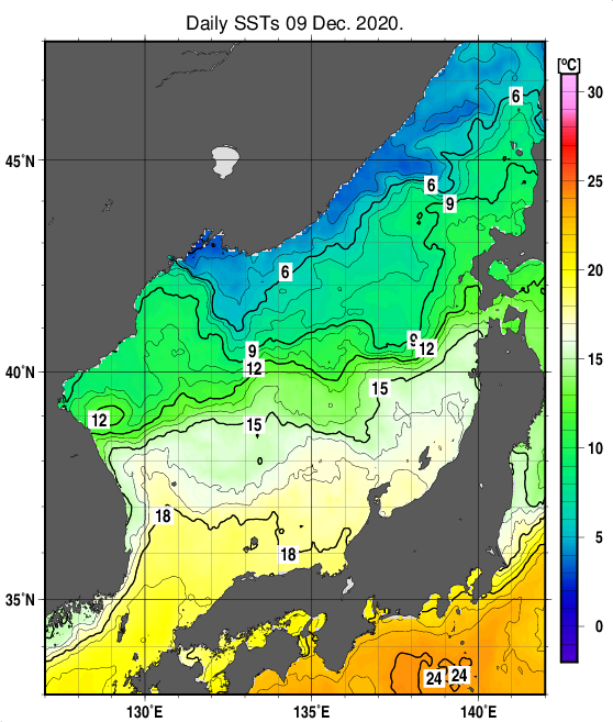 日本海の海面水温分布図（12月9日）