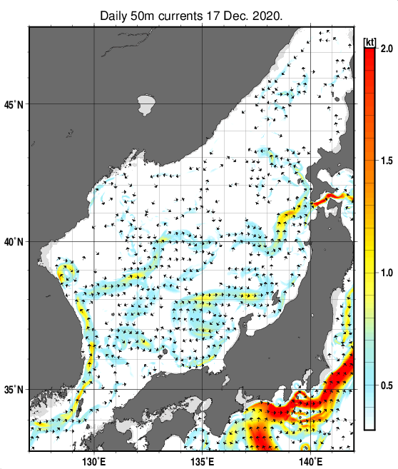 日本海の深さ50mの海流分布図（12月17日）